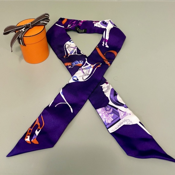 Hermes Twilly Silk Scarf Tour en Carre Purple Orange w/ Box Authentic France - Picture 1 of 9